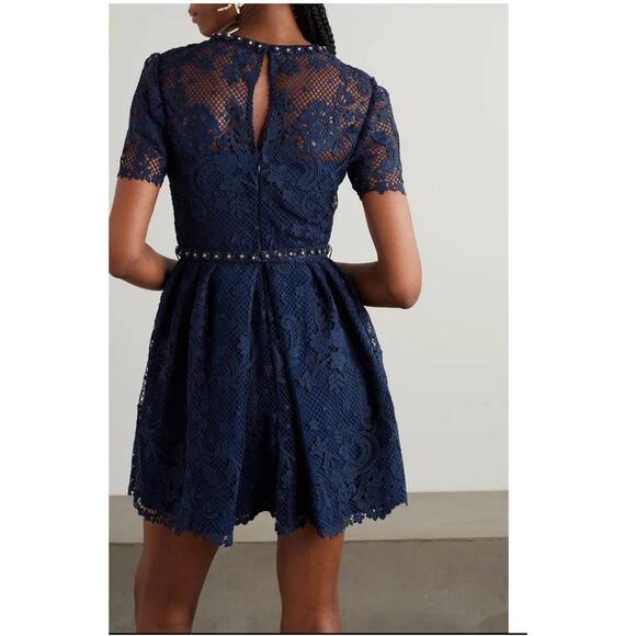 Self Portrait Guipure Lace Embellished Dress in Navy Blue US 4 - Picture 5 of 7